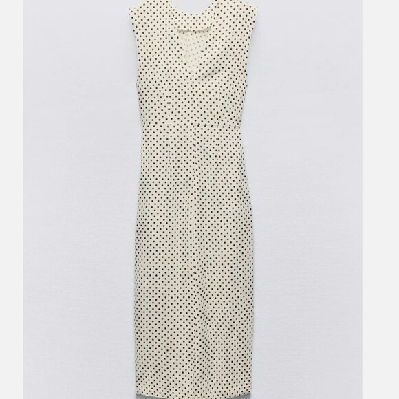 Zara Women Linen Blend Polka Dot Midi Dress Beige/Ecru Size M NEW WITH TAG! - Picture 4 of 7